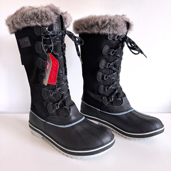 NEW LL Bean Rangeley Pac Tall Snow Boot Insulated Black Faux Fur Trim Womens 7 - Picture 1 of 9